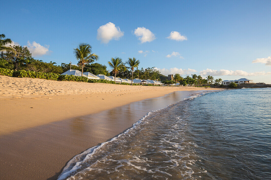 Blauer Himmel und Palmen Rahmen der Strand und das Karibische Meer, Hawksbill Bay, Antigua, Antigua und Barbuda, Leeward Inseln, Westindische Inseln, Karibik, Mittelamerika