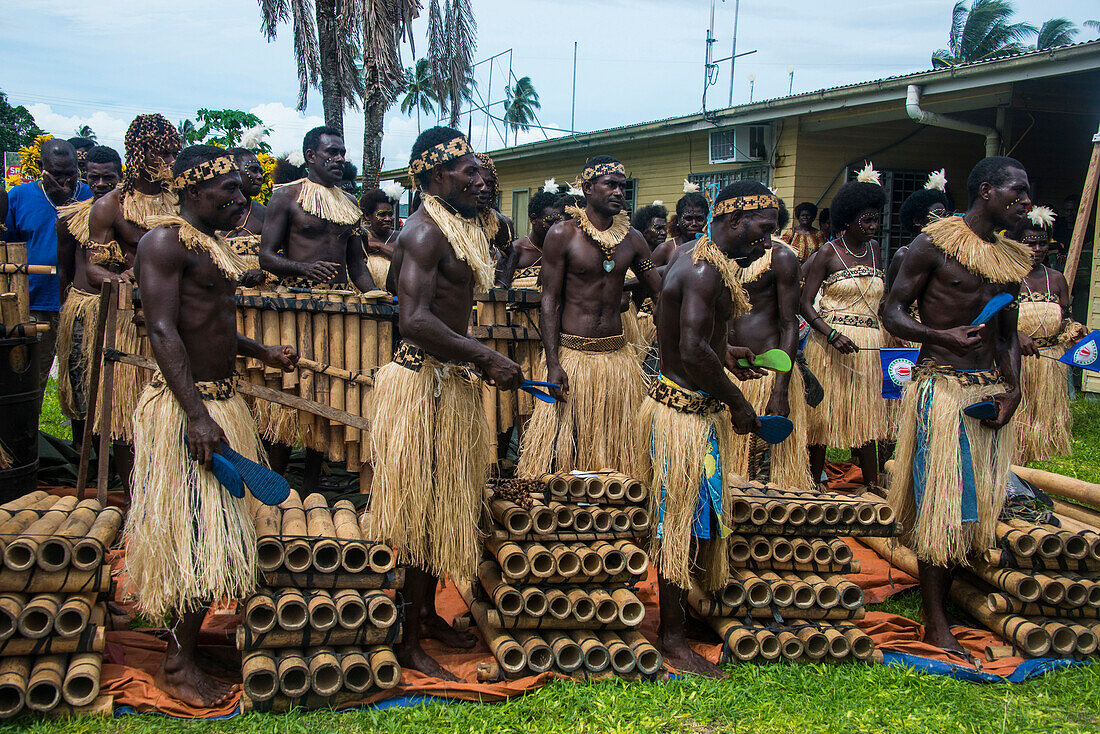 Bamboo band traditionally dressed, Buka, Bougainville, Papua New Guinea, Pacific