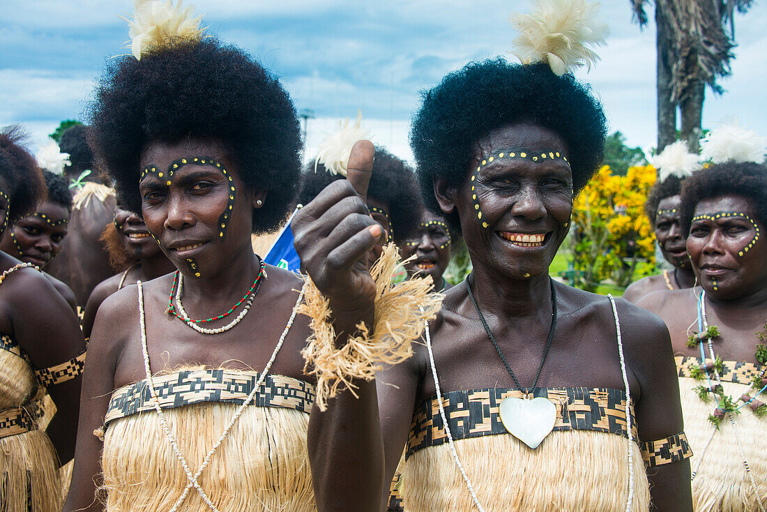 Traditionally dressed women from a Bamboo band in Buka, Bougainville, Papua New Guinea, Pacific