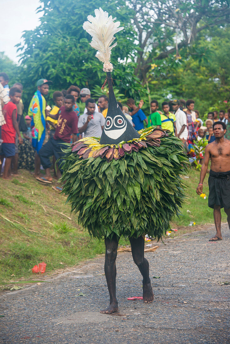 Traditional masked man at a Taboo death ceremony, East New Britain, Papua New Guinea, Pacific