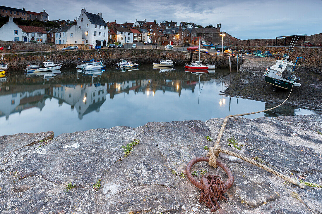 Fishing boats in the harbour at Crail at dusk, Fife, East Neuk, Scotland, United Kingdom, Europe