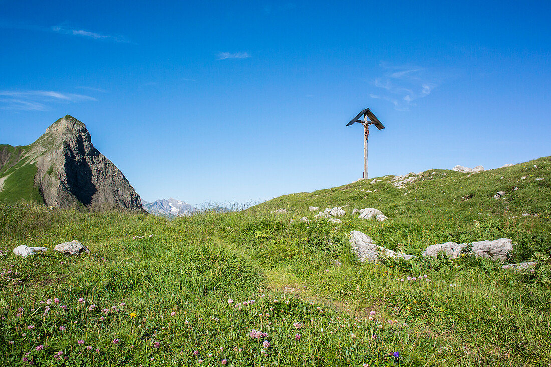 Mountain Landscape with Cross, Rappensee Hut, Hiking Trail, Oberallgaeu, Oberstdorf, Germany