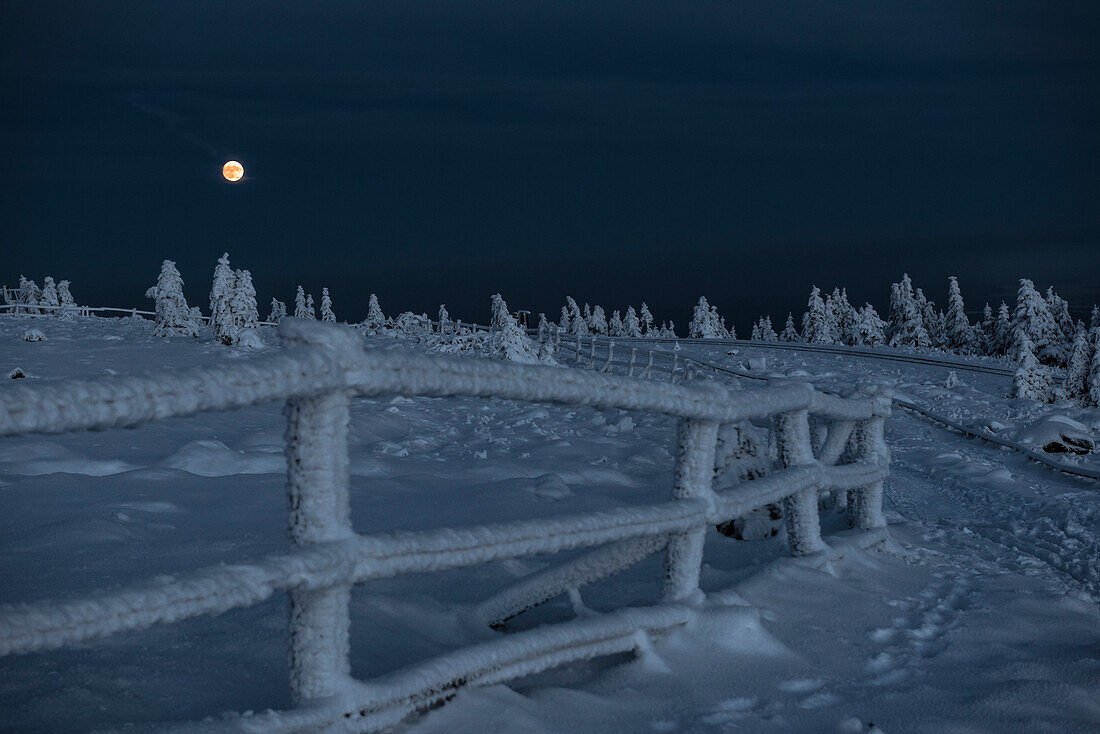 Full moon behind a frozen fence, Winter landscape, Schierke, Brocken, Harz national park, Saxony, Germany