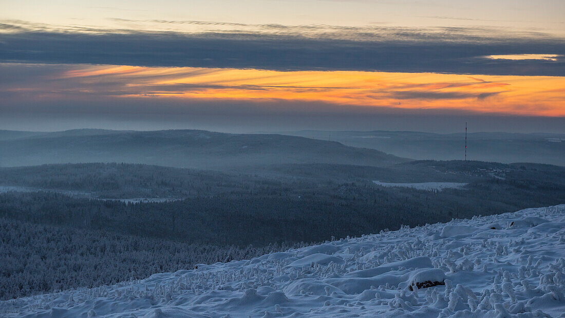 Sunset and Winter landscape, Schierke, Brocken, Harz national park, Saxony, Germany