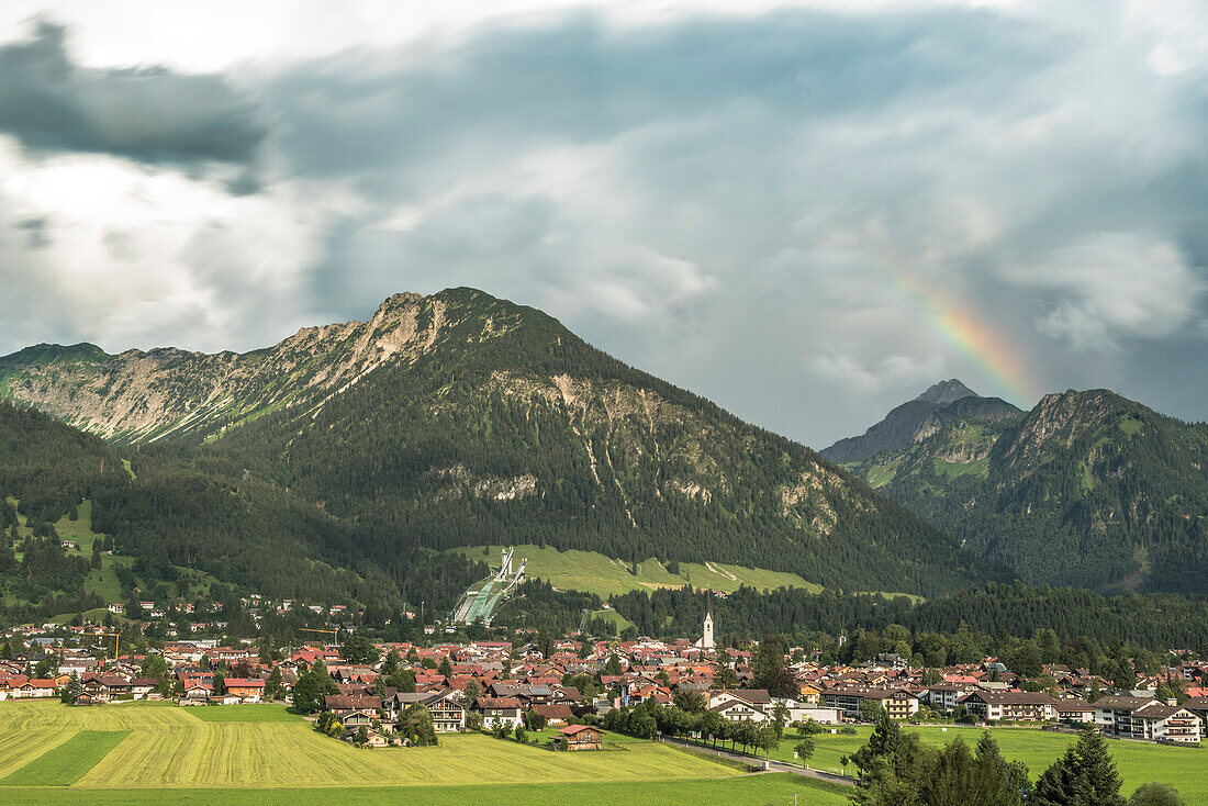 Oberstdorf and surrounding Mountains, Alps, Nebelhorn, Rainbow, Allgaeu, Oberallgaeu, Germany