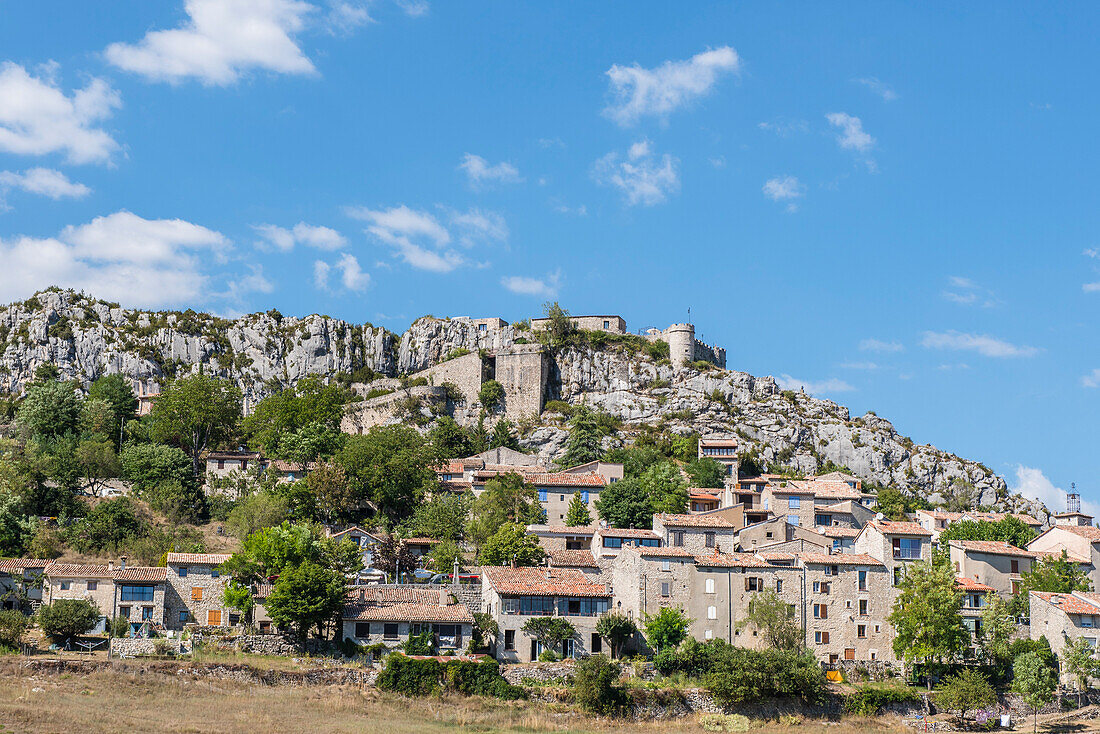 Old village with view of the castle, Route des Cretes, Vosges, Provence-Alpes-Cote d'Azur, France