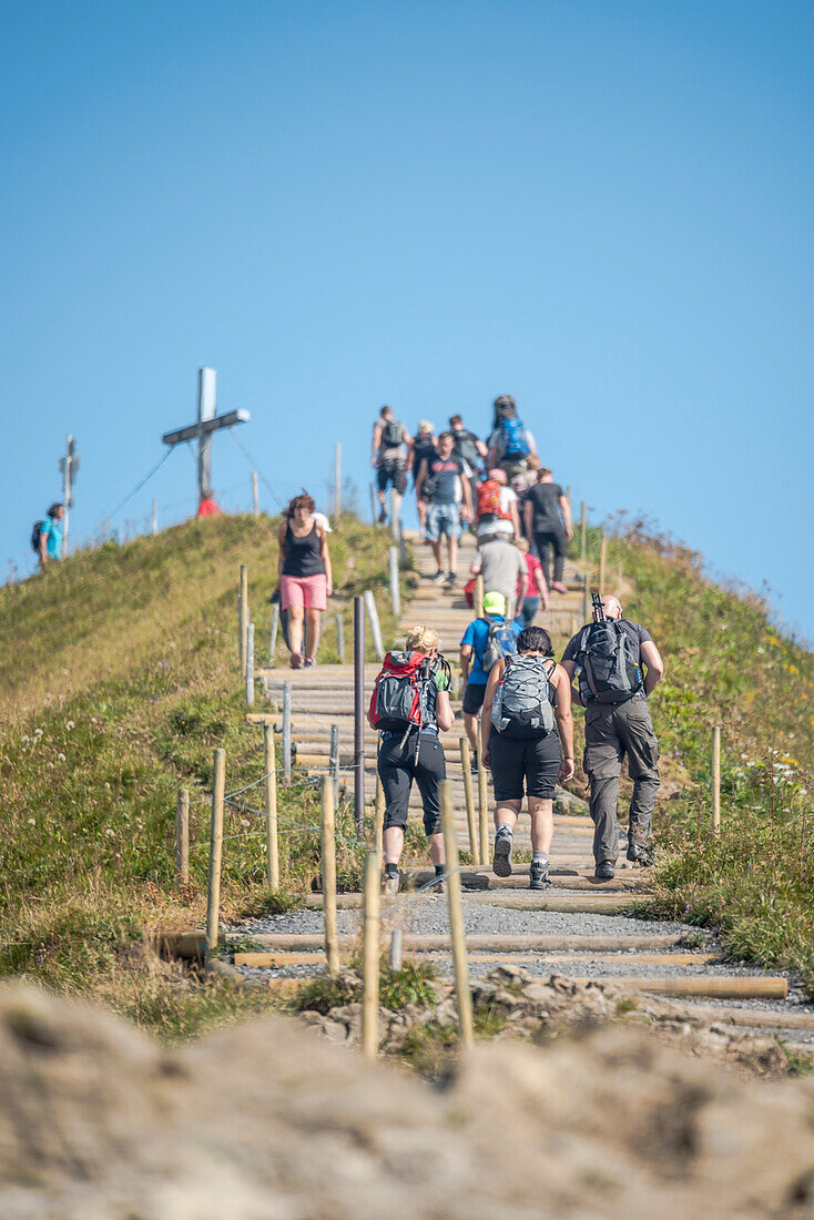 Hiking along Fellhorn Ridge, Mountain Panorama, Hiking Trails, Summit Cross, Summer, Oberstdorf, Oberallgaeu, Germany