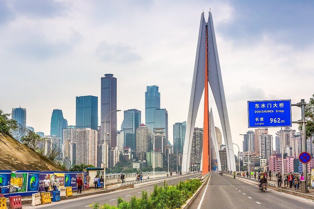 China, Chongqin City, Dajuyuan District Skyline, Qiansimen bridge over Jialing River.