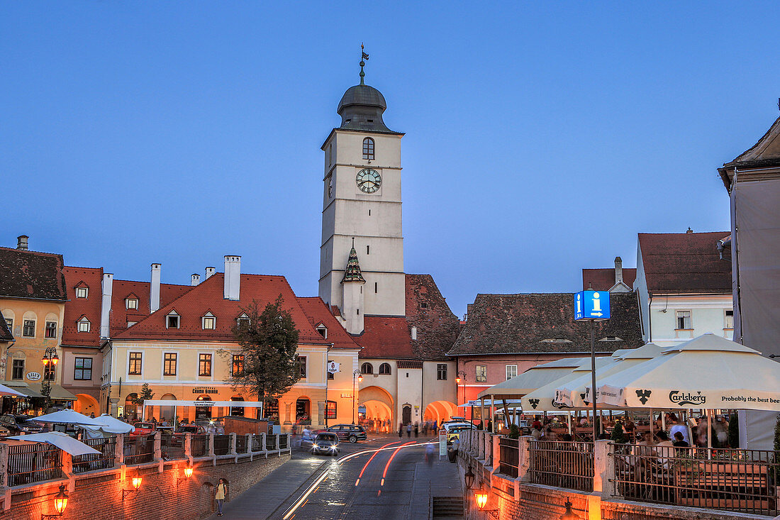 Romania, Sibiu City, Mica square, Sfatului Tower.