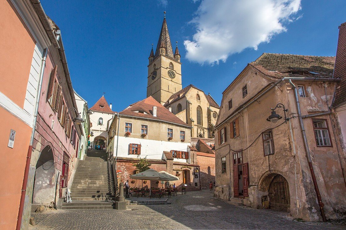 Romania, Sibiu City, Evangelical Cathedral Tower.