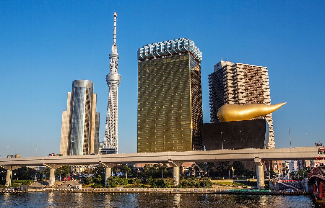 Japan, Tokyo City,Asakusa Distric, Sky Tree Tower, Asahi Beer Hall, Sumida river.
