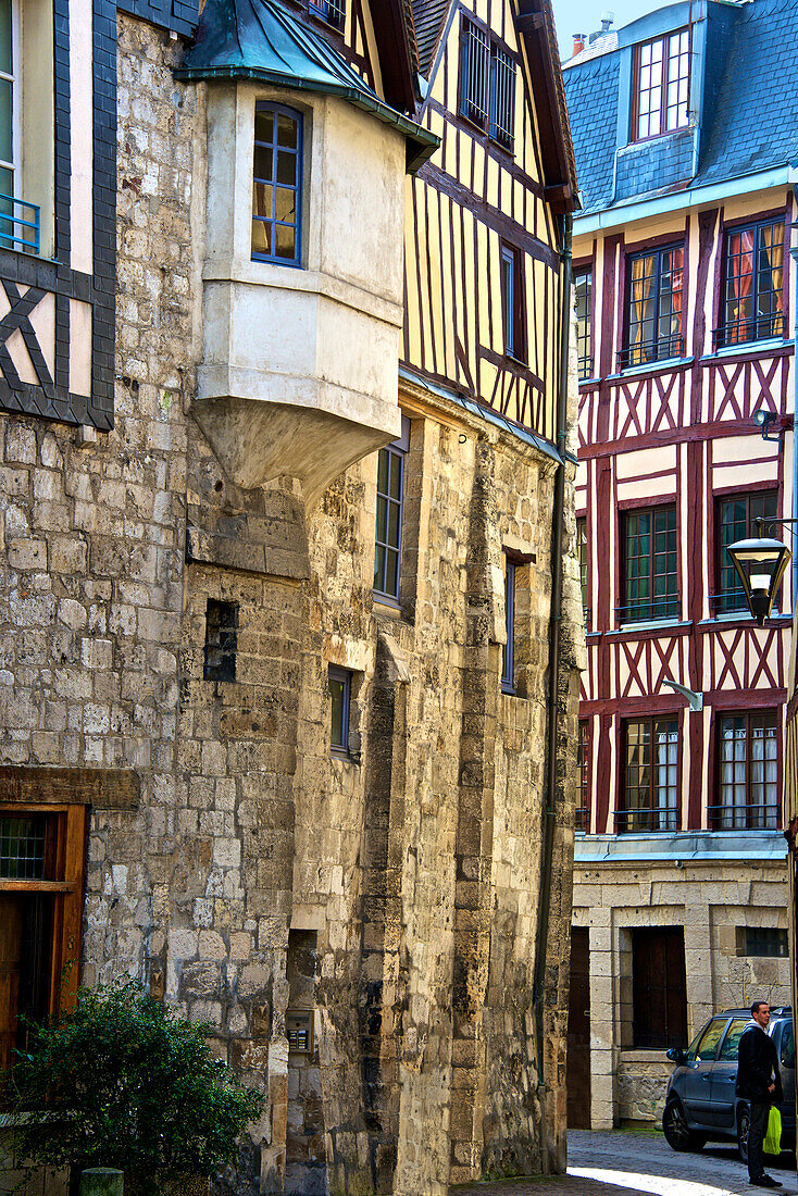 Half timbered colored medieval facades, old town, Rouen, 76, Normandy, France