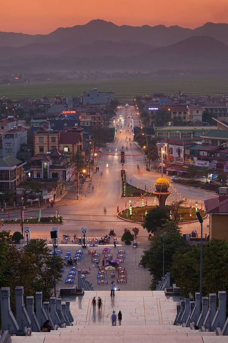 Vietnam, Dien Bien Phu, city view from the Victory Monument, sunset.
