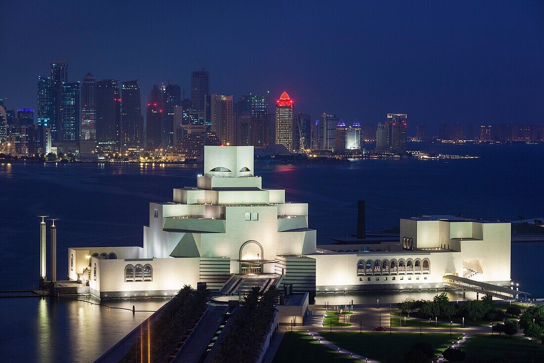 Qatar, Doha, The Museum of Islamic Art, designed by I. M. Pei, elevated view, dawn.