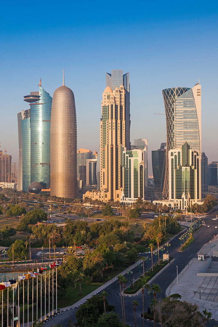 Qatar, Doha, Doha Bay, West Bay Skyscrapers, elevated view, dawn.