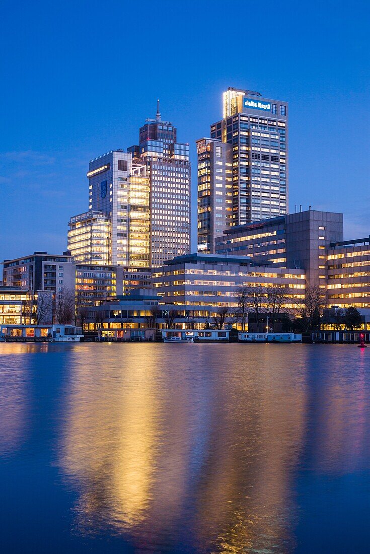 Netherlands, Amsterdam, Omval Commercial District, office towers, dawn.