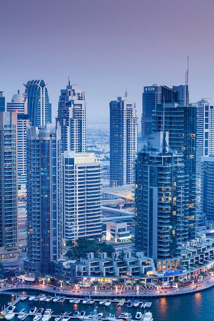 UAE, Dubai, Dubai Marina, elevated view of the marina, dusk.