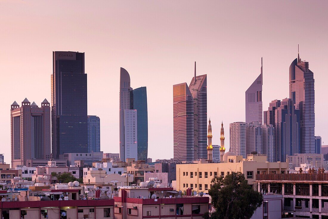 UAE, Dubai, Jumeira, skyscrapers along Sheikh Zayed Road, skyline from Jumeira, dawn.