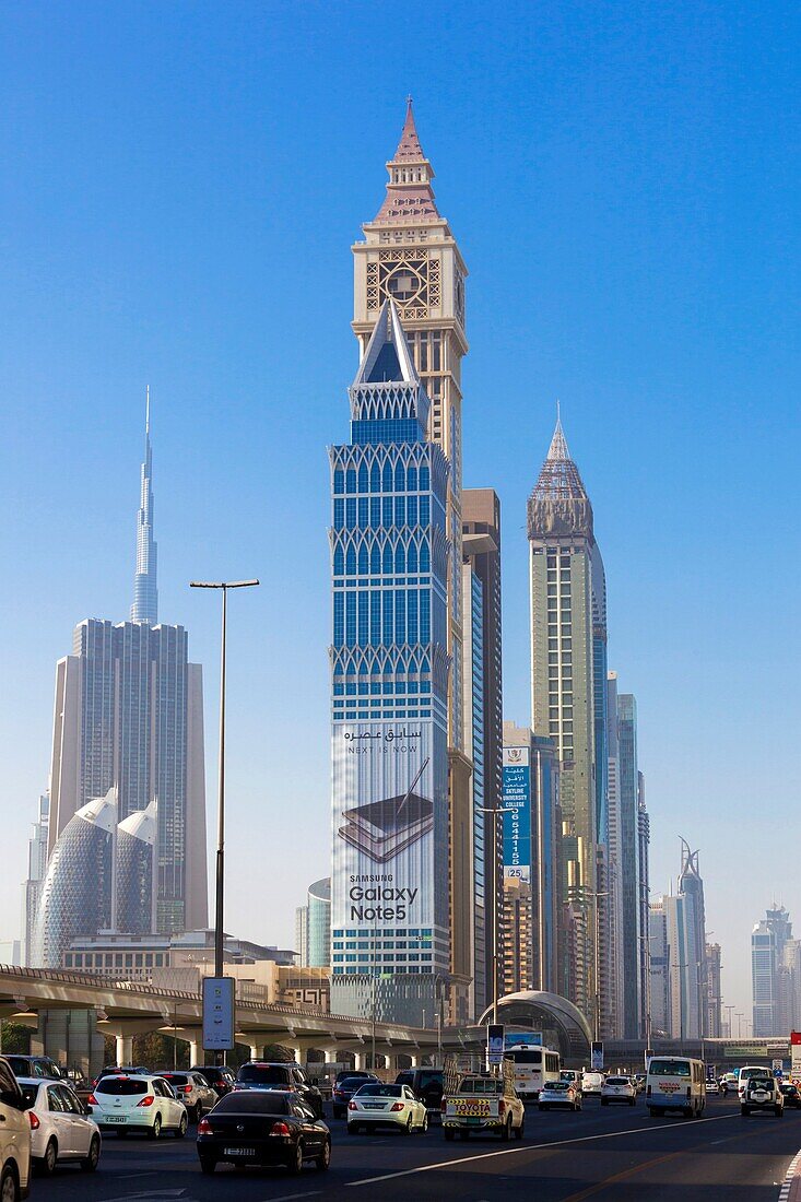 UAE, Dubai, Downtown Dubai, high rise buildings along Sheikh Zayed Road.