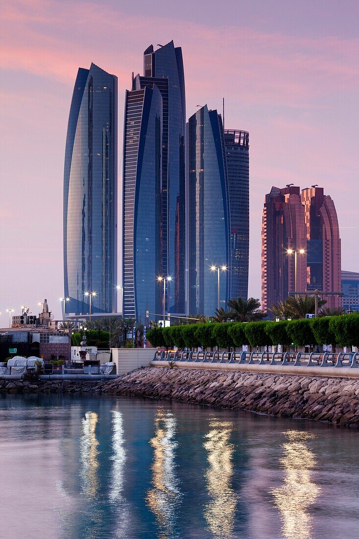 UAE, Abu Dhabi, Etihad Towers, dawn.