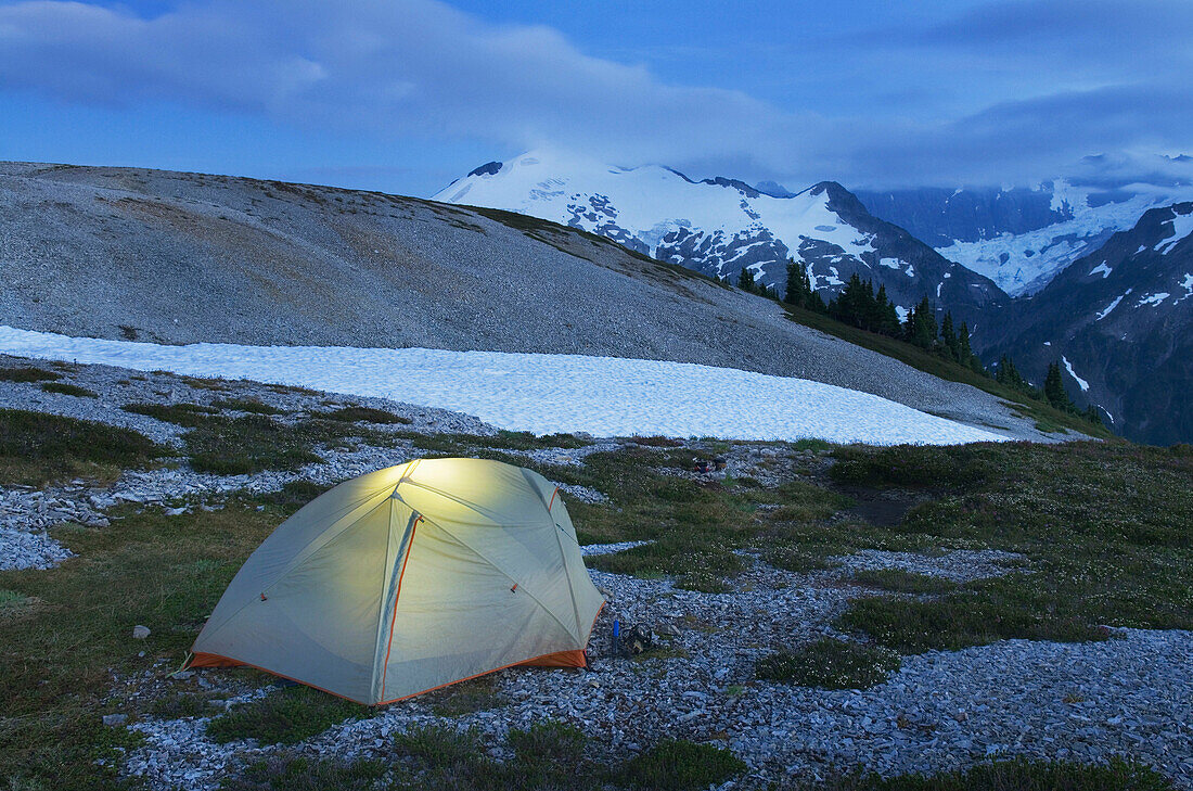 Backcountry camp on Hannegan Peak overlooking Ruth Mountain, North Cascades Washington.