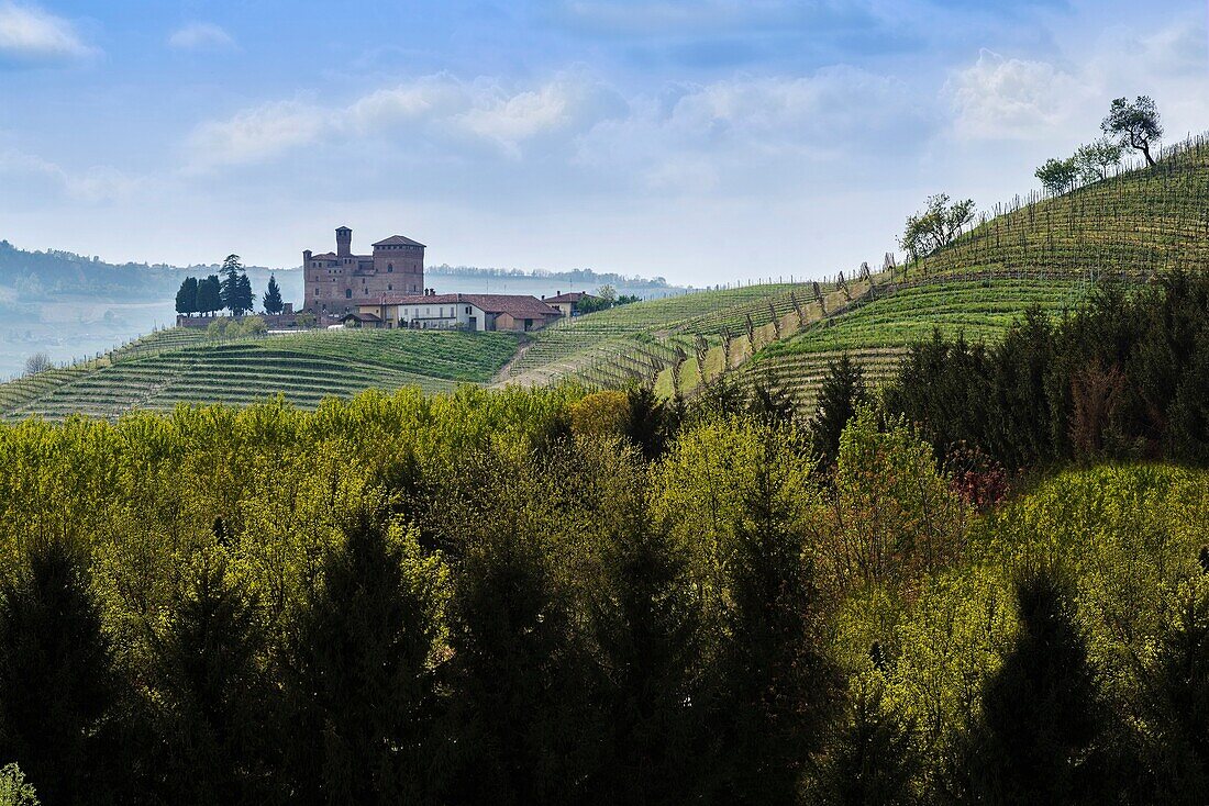 Spring view of the Castle of Grinzane Cavour Unesco heritage in the territory of the Langhe Piedmont Italy.