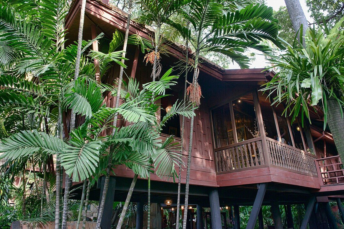 Teak architecture at the Jim Thompson House and museum in Bangkok, Thailand.