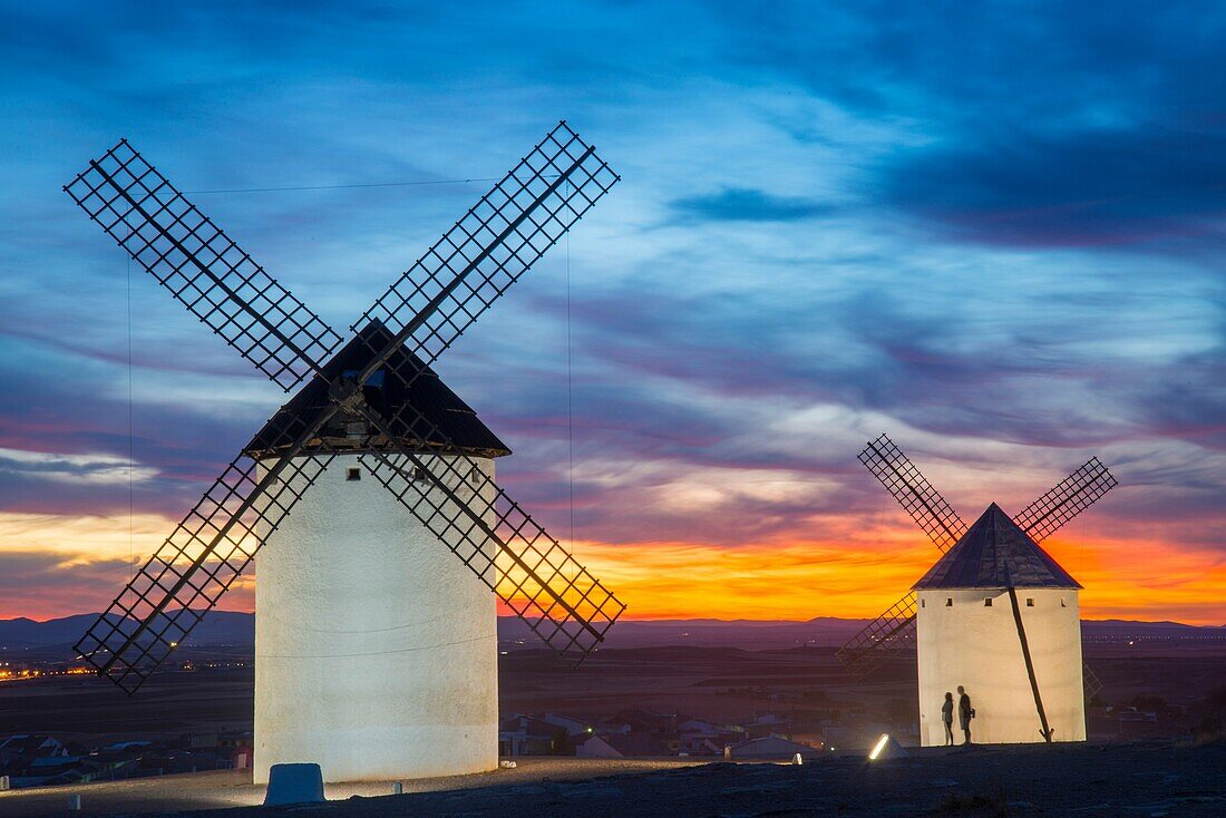 Windmills at sunset. Campo de Criptana, Ciudad Real province, Castilla La Mancha, Spain.