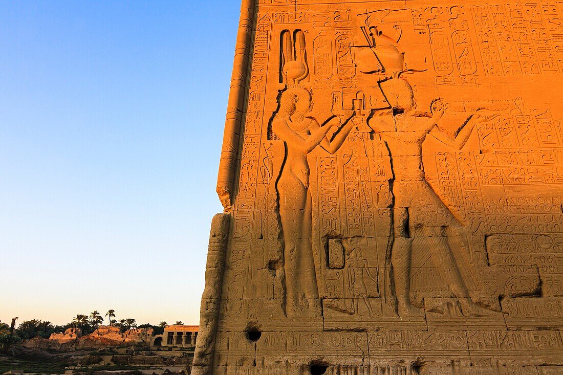 Reliefs of Cleopatra VII and his son with Julius Caesar, Caesarion, at the Temple of Hathor at Dendera. Ägypten.