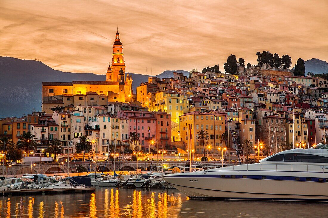 Marina and Old Town with the Basilique of Saint Michel Archange. Menton. Provence Alpes Cote d'Azur. French Riviera. Mediterranean Sea. France. Europe.