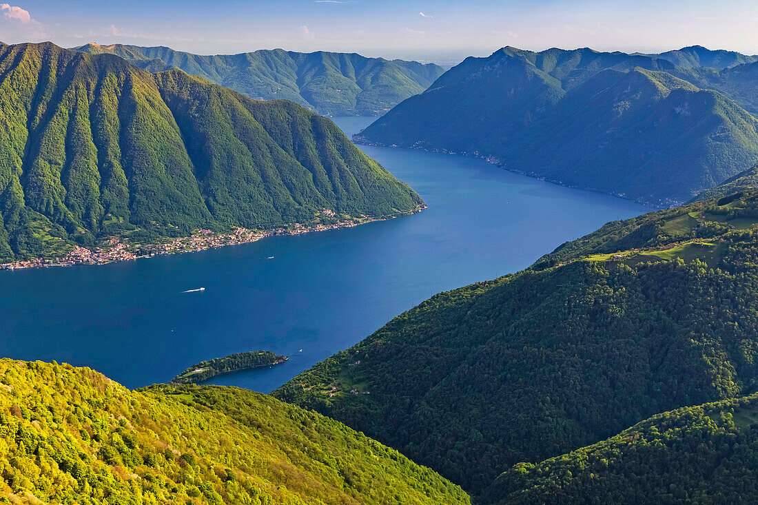 View of Como lake from Isola Comacina towards Como, Lombardy, Italy.