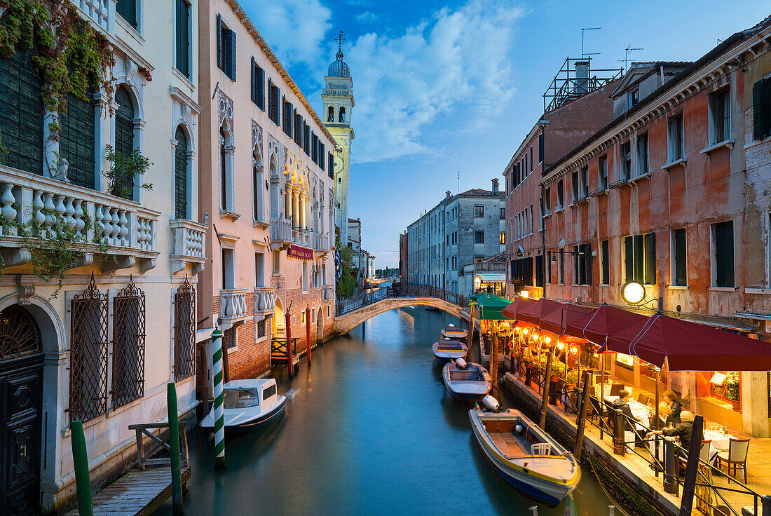 Rio di San Lorenzo with Greci bell tower. Venice, Veneto, Italy.