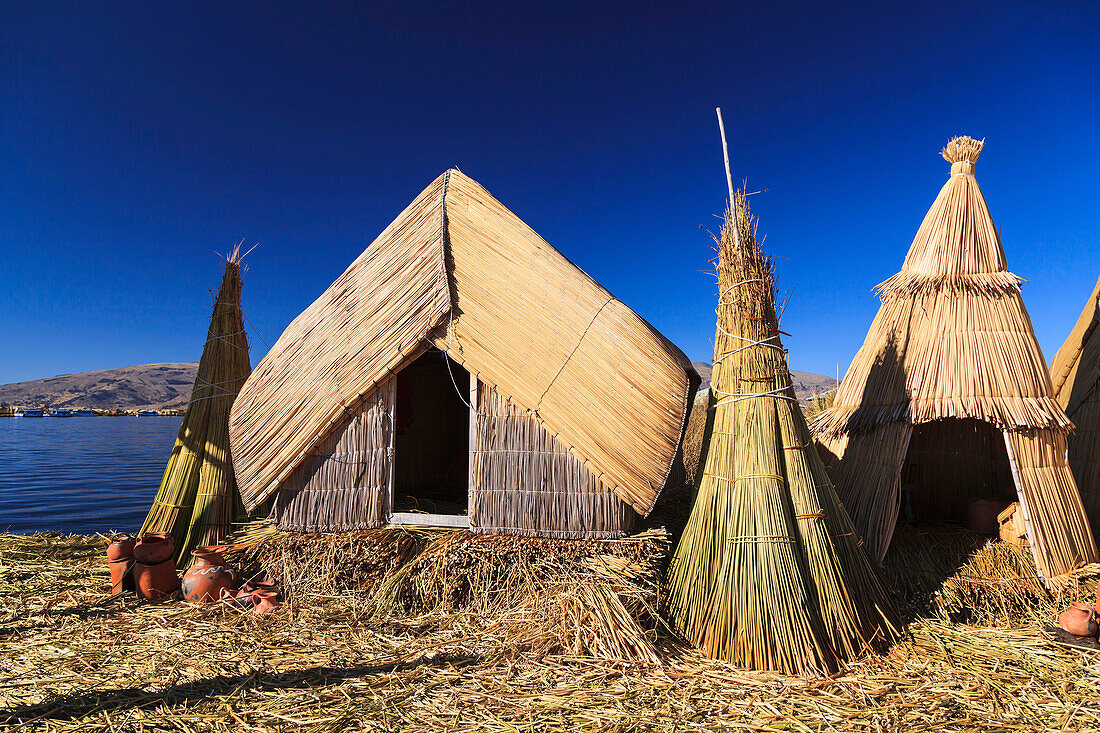 Uros floating islands on Lake Titicaca shore, Puno, Peru.