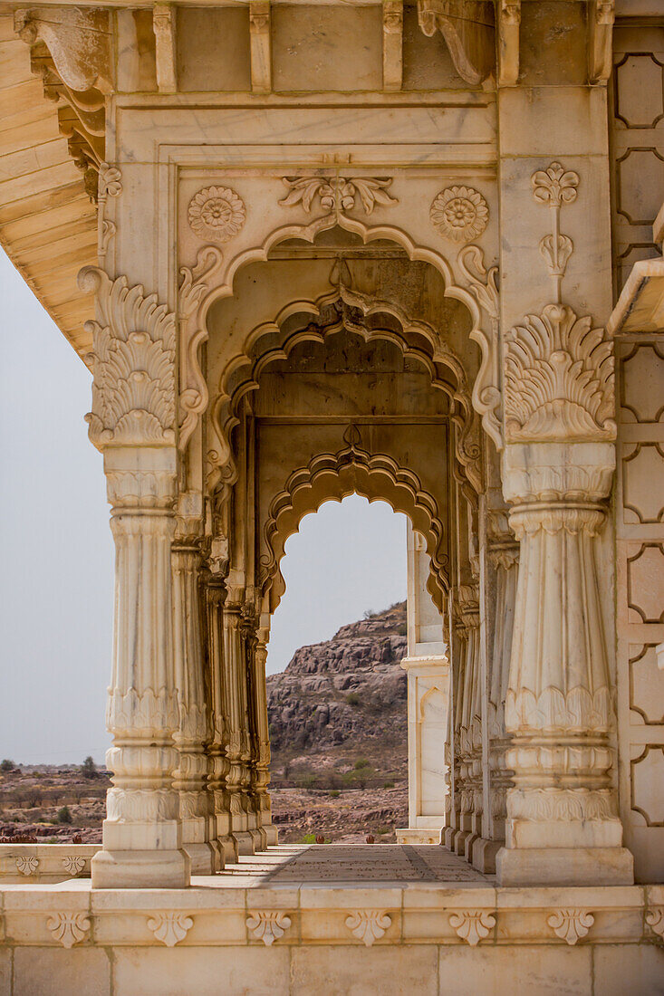 Scalloped archways of Jaswant Thada Tomb, Jodhpur, The Blue City, Rajasthan, India, Asia
