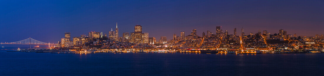 San Francisco skyline panorama at dusk taken from Alcatraz Island, California, United States of America, North America