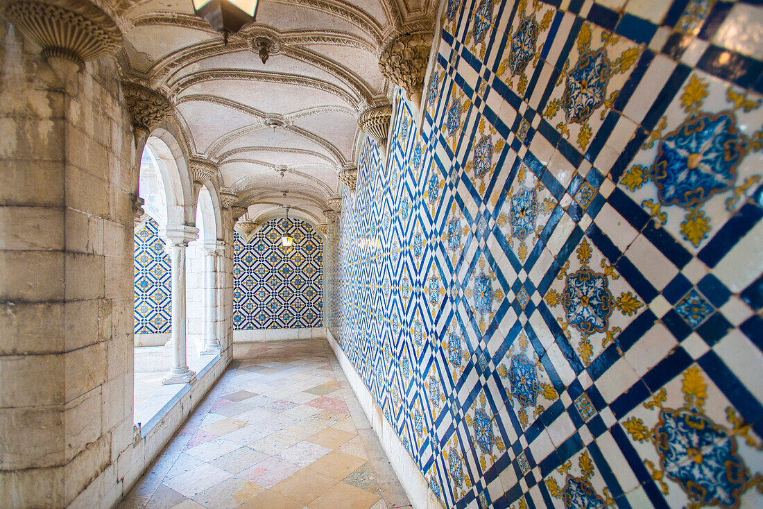 Walls covered in beautuful Azelejo tiles on display at The National Azulejo Museum in Lisbon, Portugal, Europe