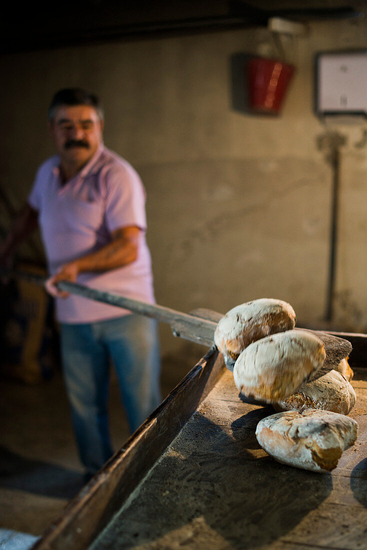 Frisch gebackenes Brot in einer traditionellen kleinen Bäckerei in der Alto Douro Region von Portugal, Europa