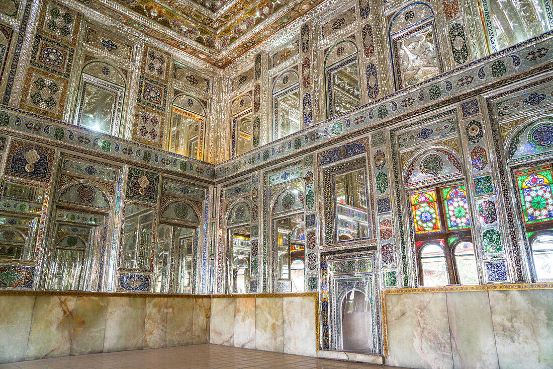 Mirrored reception hall, Khan-e Zinat al-Molk, Qavam al-Molk family's private quarters, Shiraz, Iran, Middle East