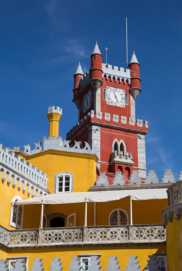 Queens Terrace in foreground and Clock Tower, Penna National Palace, Sintra, UNESCO World Heritage Site, Portugal, Europe