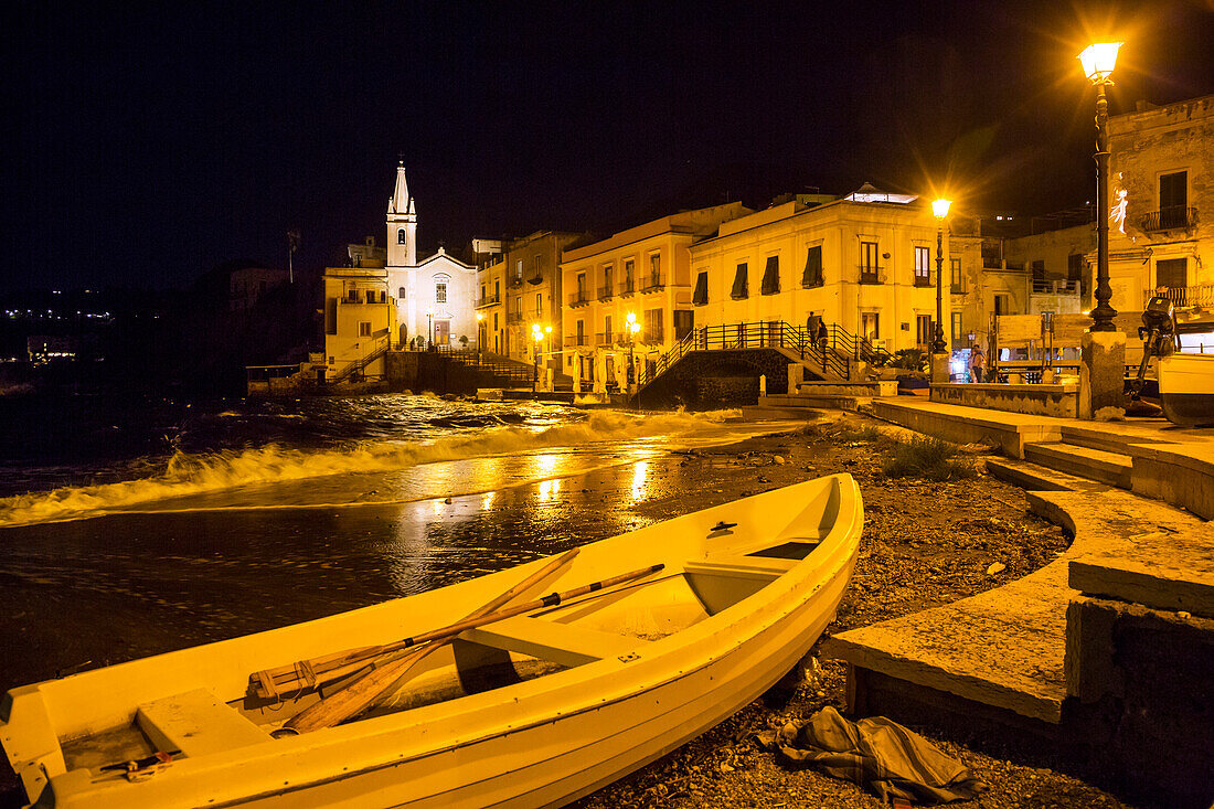 Marina Corta by night and San Guiseppe church, Lipari town, Lipari Island, Aeolian Islands, Lipari Islands, Tyrrhenian Sea, Mediterranean Sea, Italy, Europe