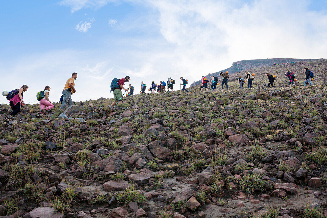Tourists climbing on the summit of Stromboli Volcano, Stromboli Island, Aeolian Islands, Lipari Islands, Tyrrhenian Sea, Mediterranean Sea, Italy, Europe