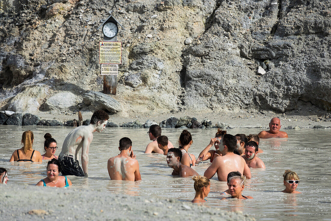 people taking sulfur mud bath, Vulcano Island, Aeolian Islands, Lipari Islands, Tyrrhenian Sea, Mediterranean Sea, Italy, Europe