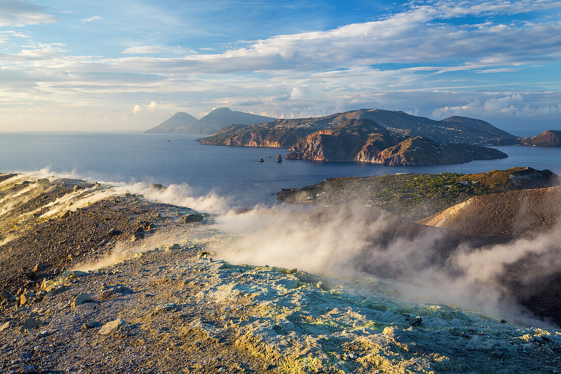 Sulfur on the crater rim of Gran Cratere, view from Vulcano Island to Salina and Lipari, Lipari Islands, Aeolian Islands, Tyrrhenian Sea, Mediterranean Sea, Italy, Europe