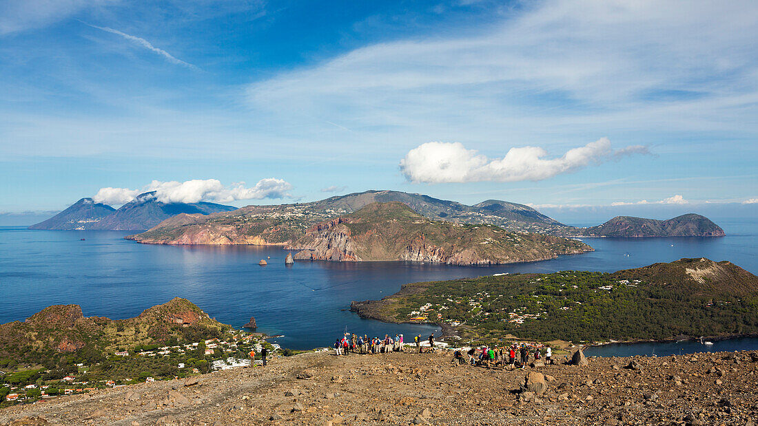 Panoramic view from Vulcano to Salina and Lipari, Lipari Islands, Aeolian Islands, Tyrrhenian Sea, Mediterranean Sea, Italy, Europe