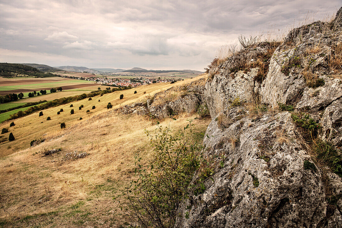 view from Riegel mountain towards Ipf at Bopfingen, GEO park Noerdlinger Ries, greater Noerdlingen, Bavaria, Germany