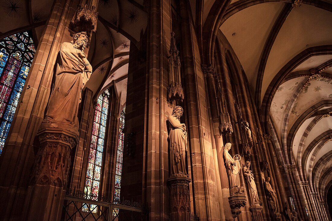 sculptures and artistic windows, interior of Strasbourg cathedral, Strasbourg, Alsace, France