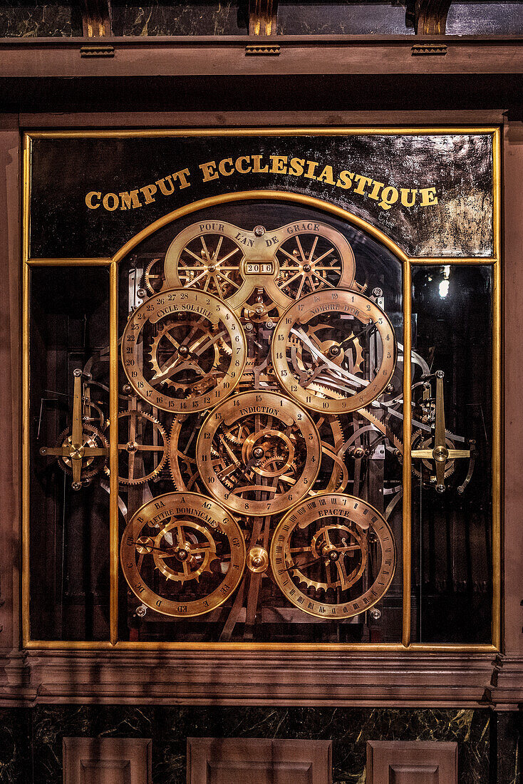 detail of gear wheels of the astronomical clock, interior of Strasbourg cathedral, Strasbourg, Alsace, France