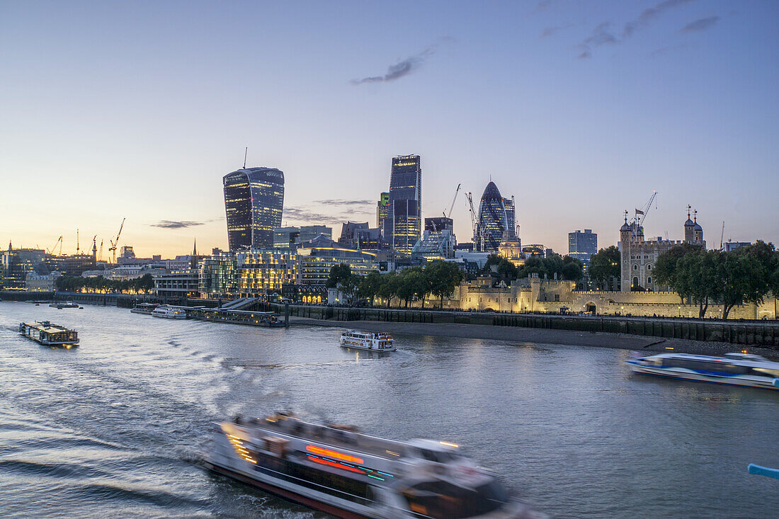 City of London,  Financial district, office buildings in the City of London, River Thames at Twilight