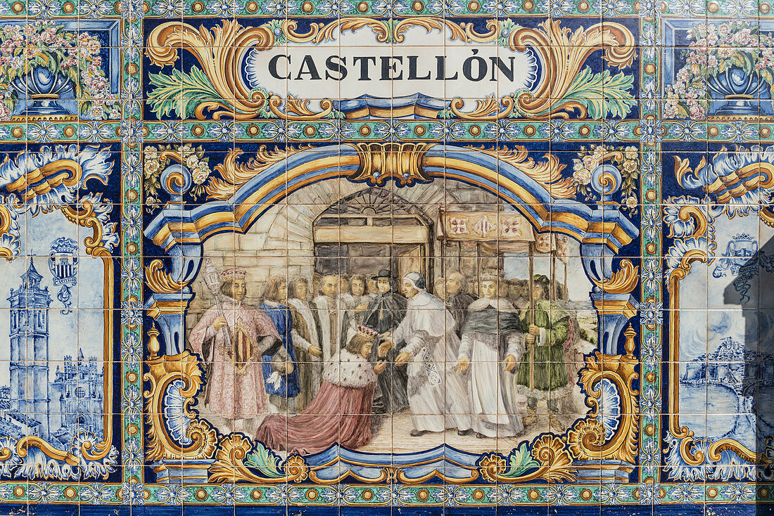 Antique ceramic, wall tiles representing provinces and cities of Spain , CastellonPlaca de Espana, spanish square, Seville, Andalusia, Spain