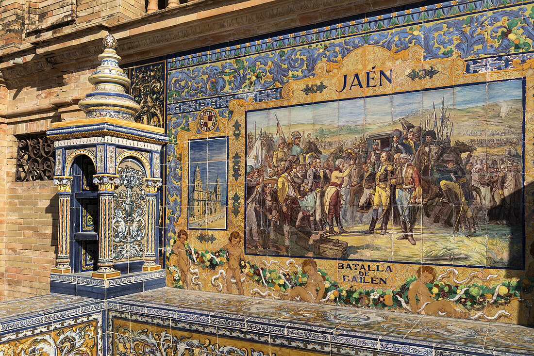 Antique ceramic, wall tiles representing provinces and cities of Spain , JaenPlaca de Espana, spanish square, Seville, Andalusia, Spain